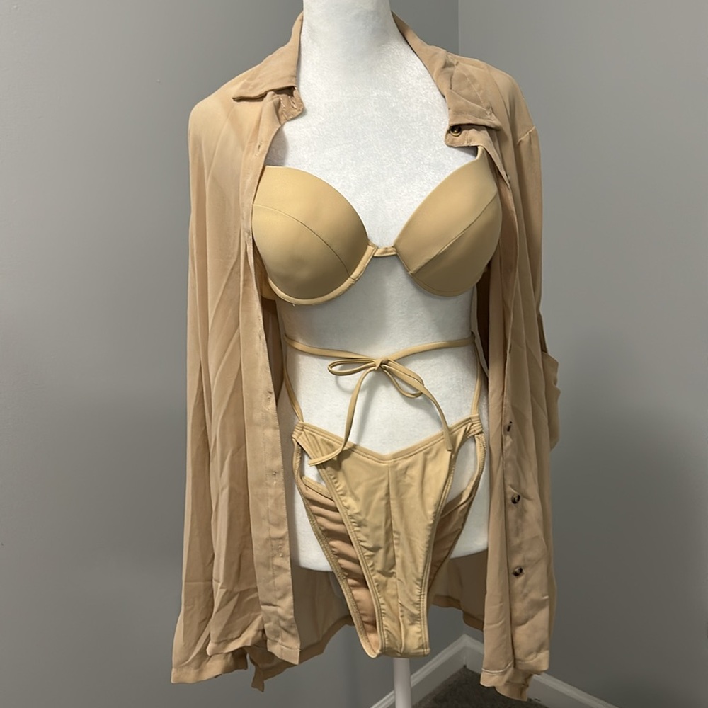 SEXY 3pc bikini set with shirt coverup M, tan **new**
